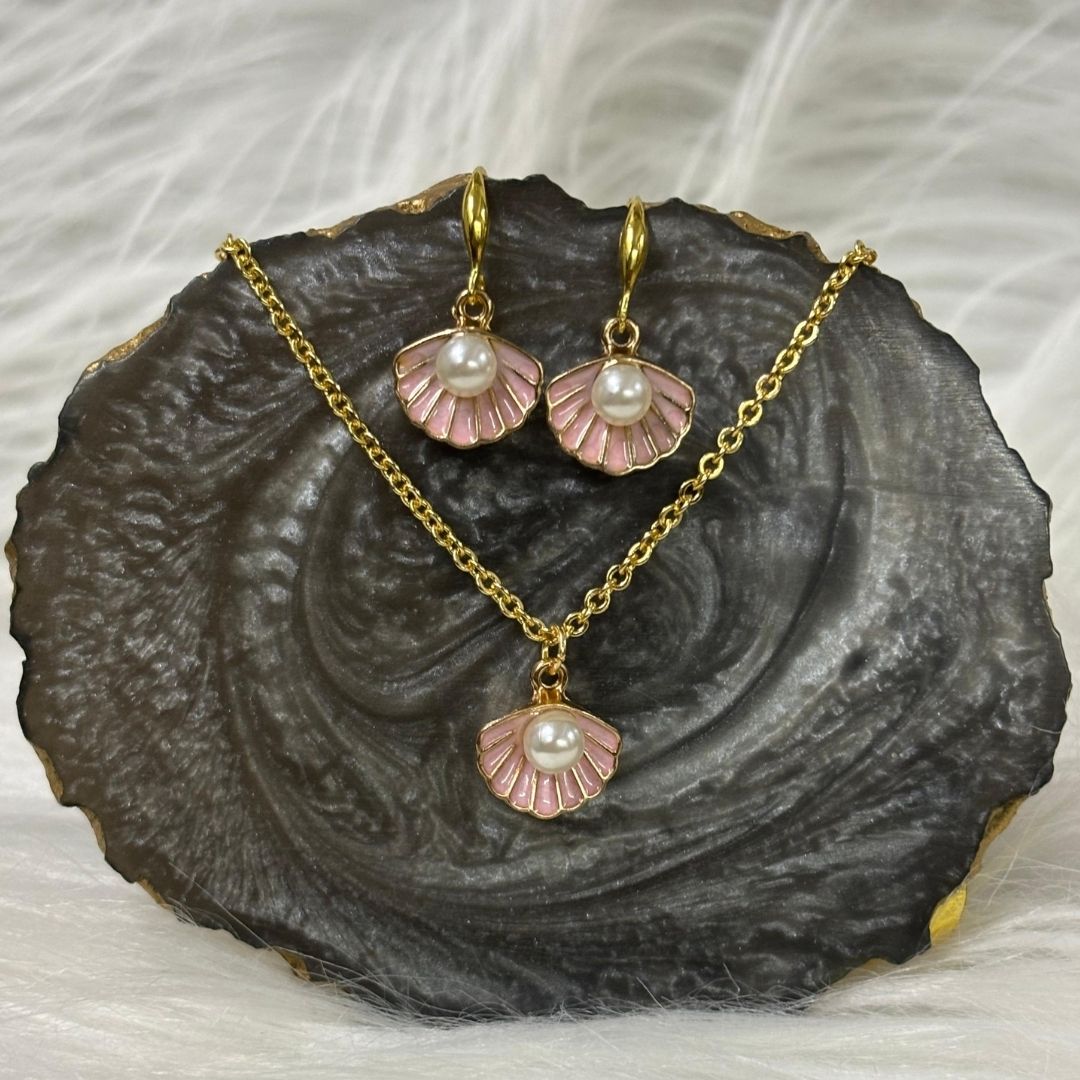 Gold Plated Blush Seashell Pink Enamel & Pearl Pendant Set