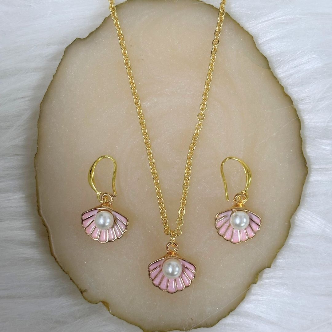 Gold Plated Blush Seashell Pink Enamel & Pearl Pendant Set