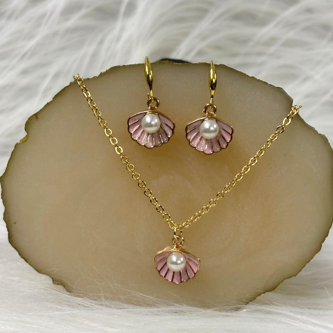 Gold Plated Blush Seashell Pink Enamel & Pearl Pendant Set