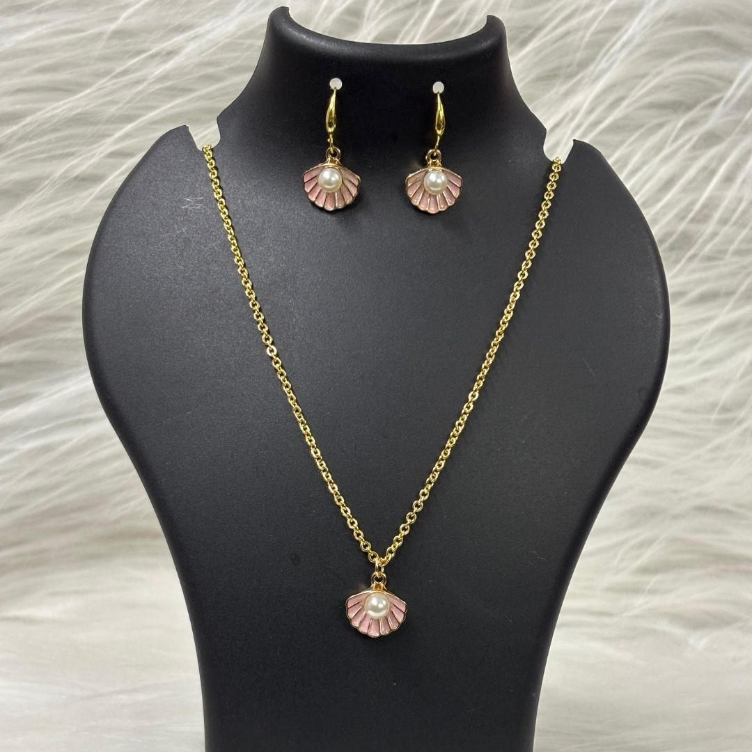 Gold Plated Blush Seashell Pink Enamel & Pearl Pendant Set