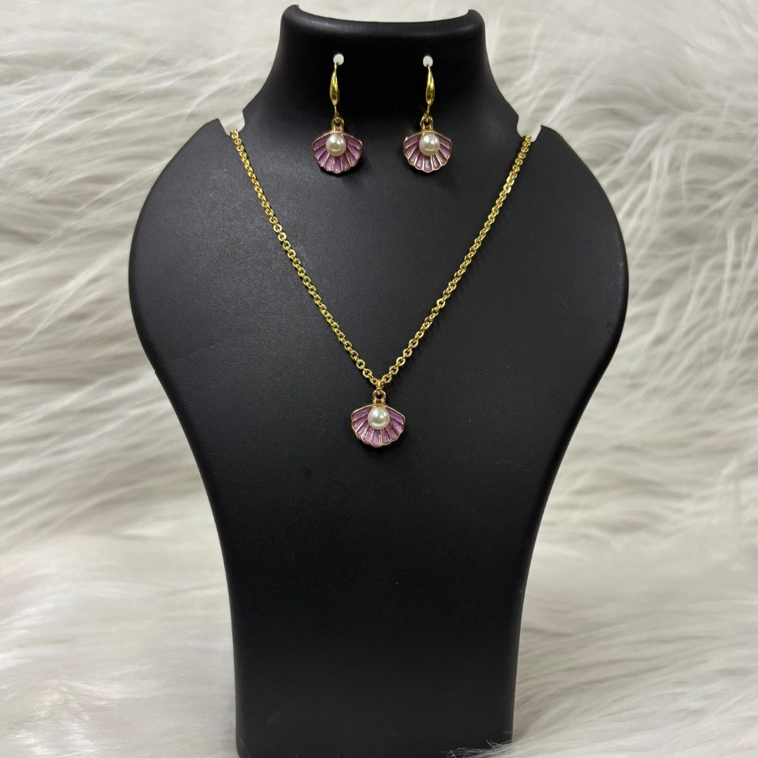 Gold Plated Ocean Grace Purple Enamel & Pearl Shell Pendant Set