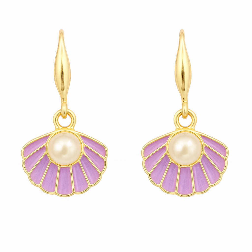 Gold Plated Ocean Grace Purple Enamel & Pearl Shell Pendant Set