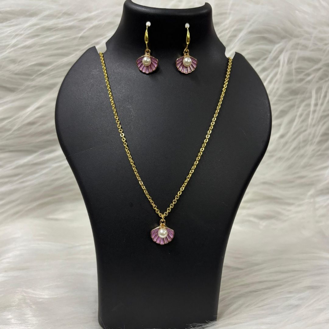 Gold Plated Ocean Grace Purple Enamel & Pearl Shell Pendant Set