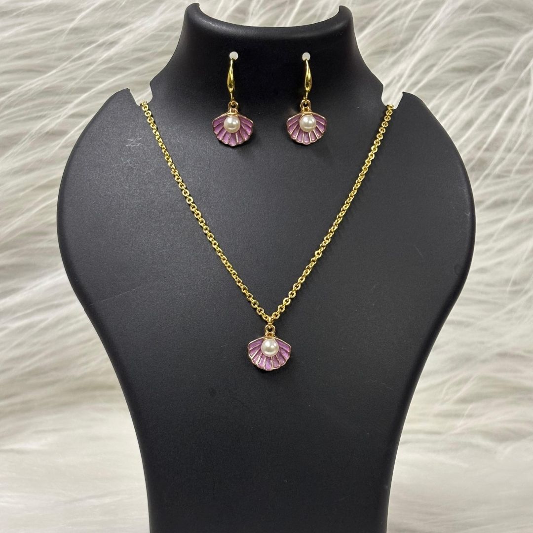 Gold Plated Ocean Grace Purple Enamel & Pearl Shell Pendant Set