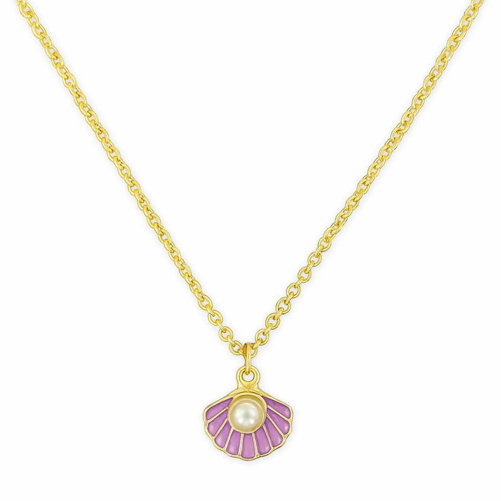 Gold Plated Ocean Grace Purple Enamel & Pearl Shell Pendant Set