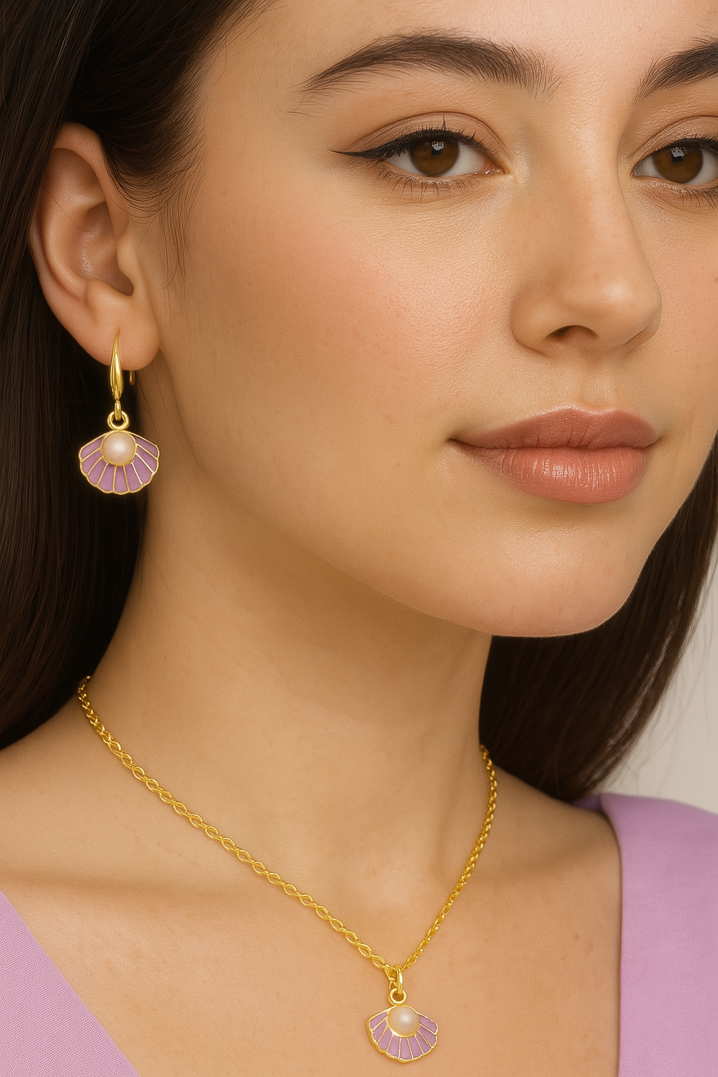 Gold Plated Ocean Grace Purple Enamel & Pearl Shell Pendant Set
