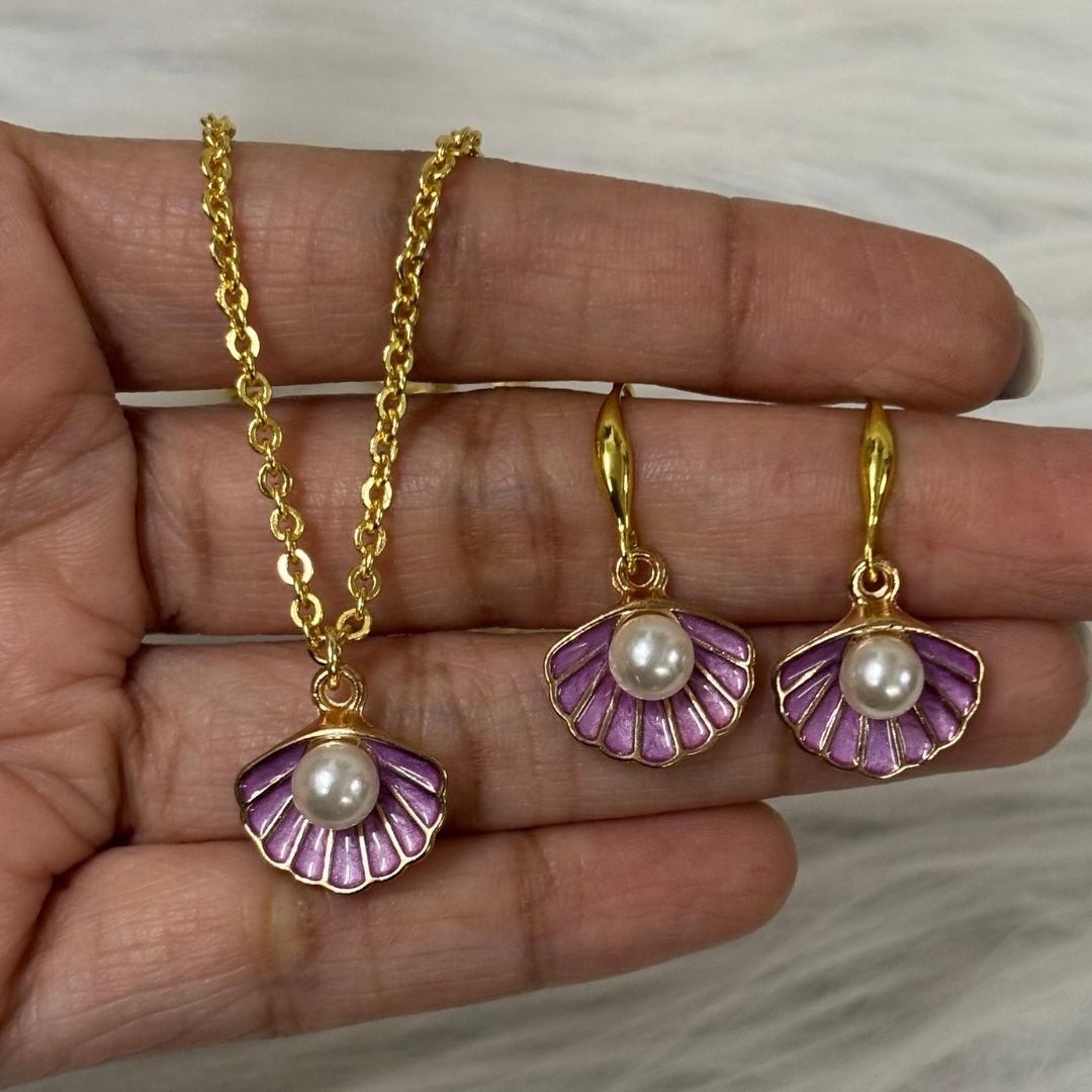 Gold Plated Ocean Grace Purple Enamel & Pearl Shell Pendant Set