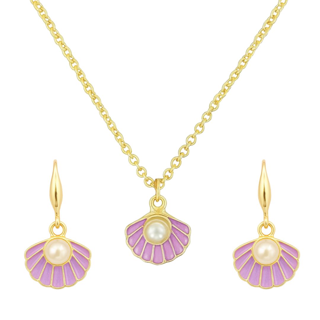 Gold Plated Ocean Grace Purple Enamel & Pearl Shell Pendant Set
