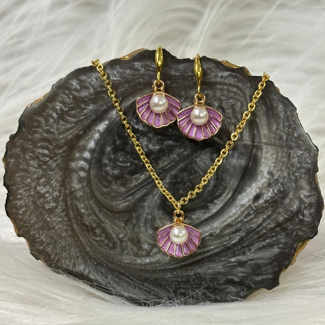Gold Plated Ocean Grace Purple Enamel & Pearl Shell Pendant Set