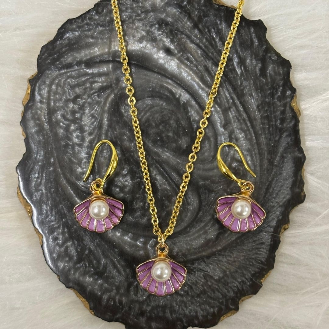 Gold Plated Ocean Grace Purple Enamel & Pearl Shell Pendant Set