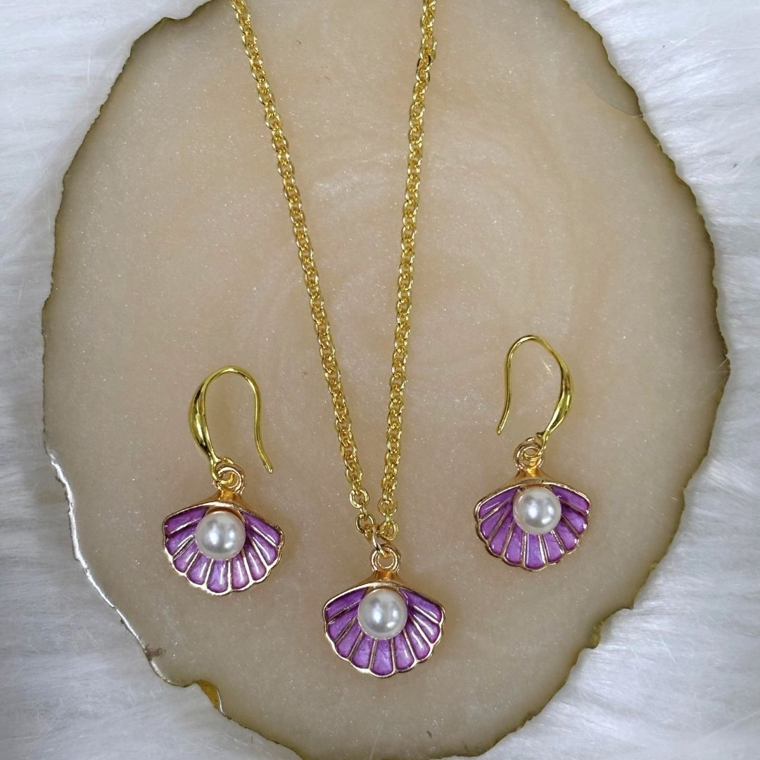 Gold Plated Ocean Grace Purple Enamel & Pearl Shell Pendant Set