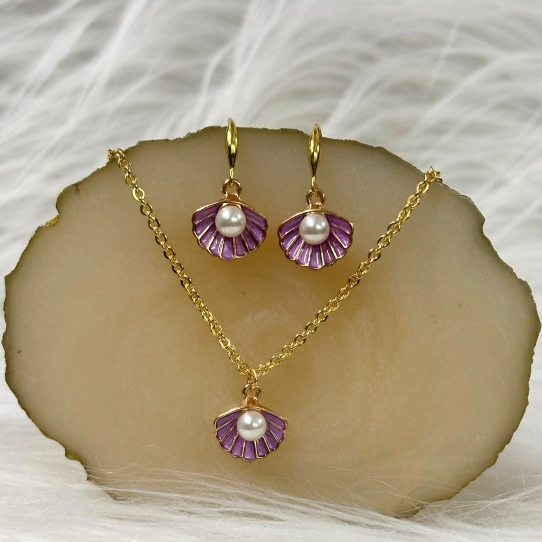 Gold Plated Ocean Grace Purple Enamel & Pearl Shell Pendant Set