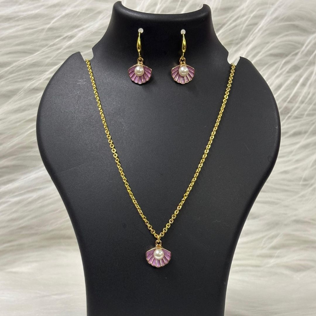 Gold Plated Ocean Grace Purple Enamel & Pearl Shell Pendant Set