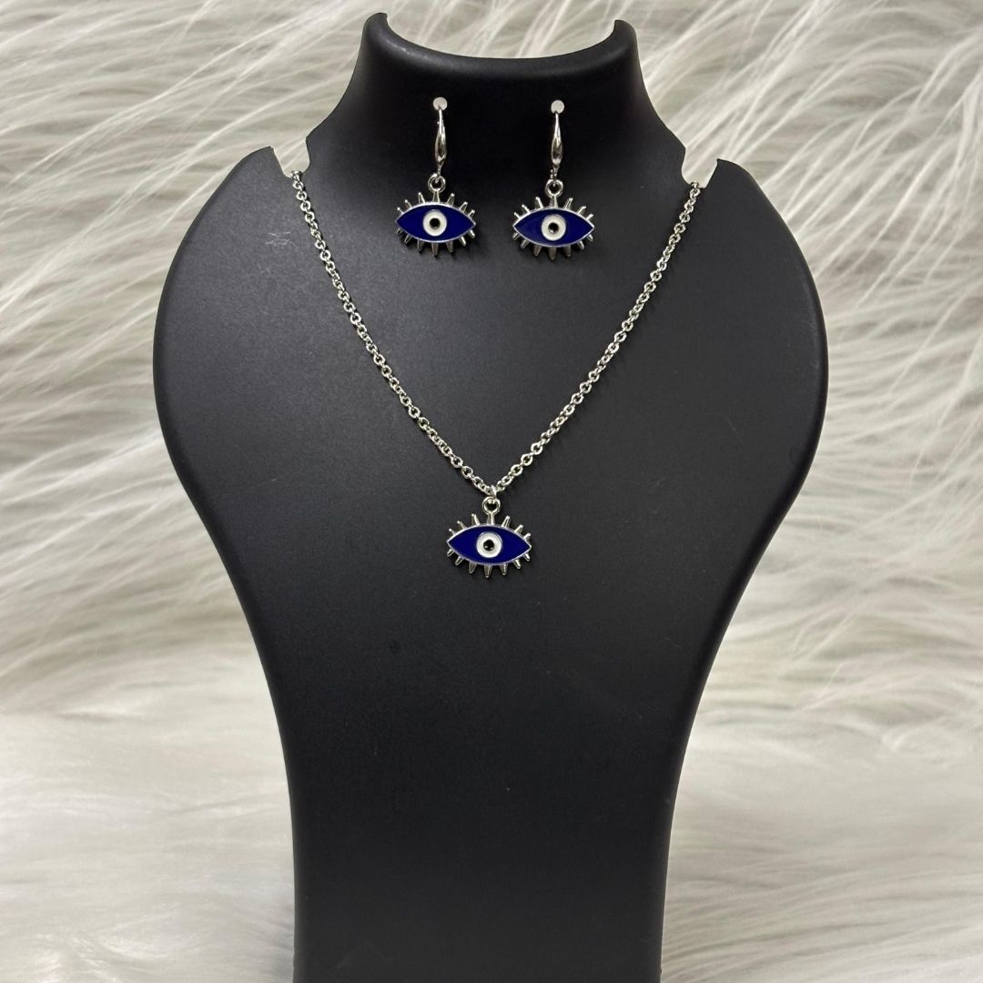Rhodium-Plated Evil Eye Enamel Pendant Set