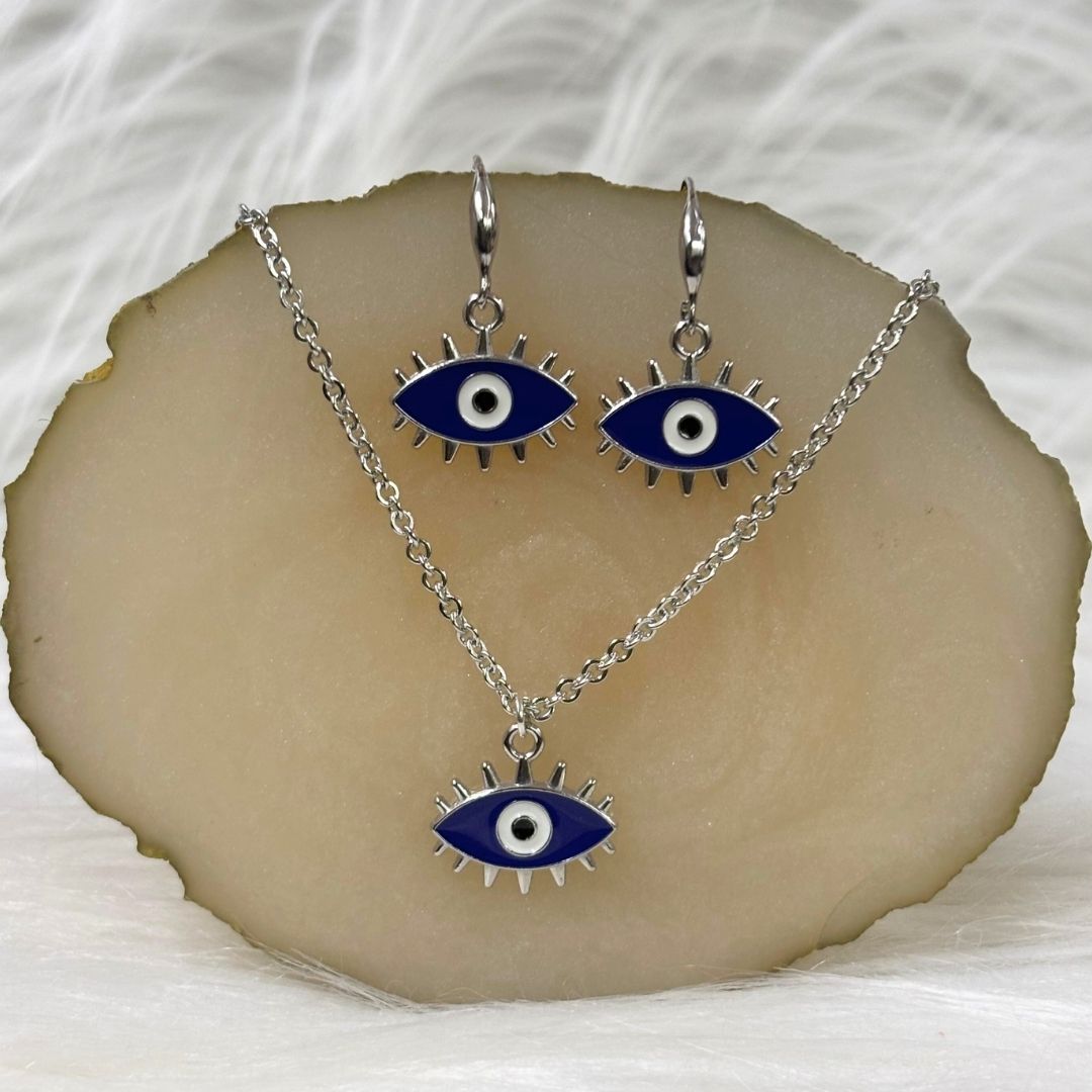 Rhodium-Plated Evil Eye Enamel Pendant Set
