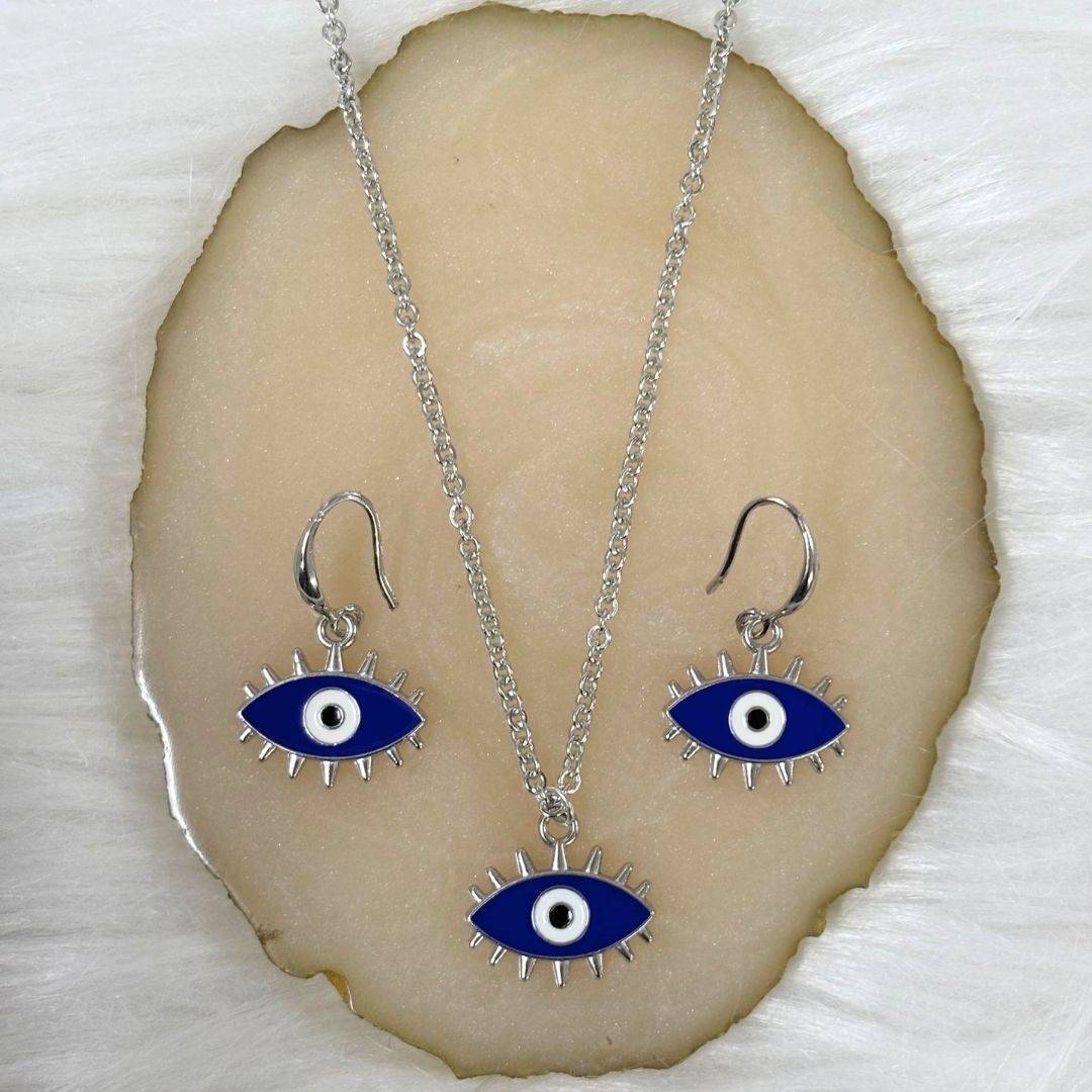 Rhodium-Plated Evil Eye Enamel Pendant Set