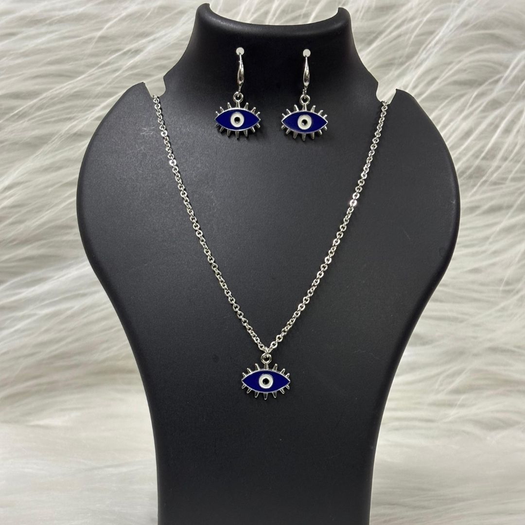 Rhodium-Plated Evil Eye Enamel Pendant Set