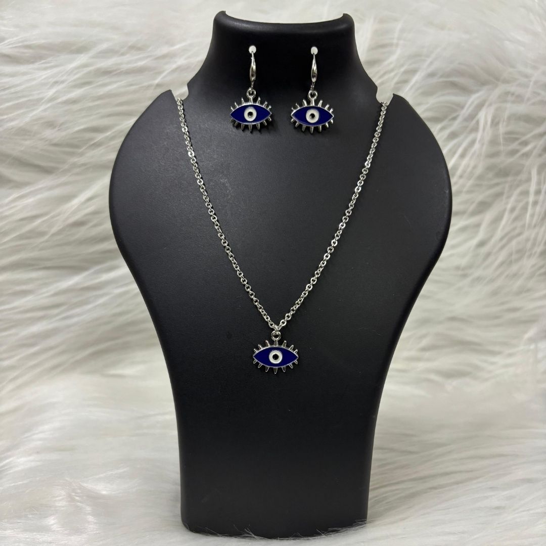Rhodium-Plated Evil Eye Enamel Pendant Set