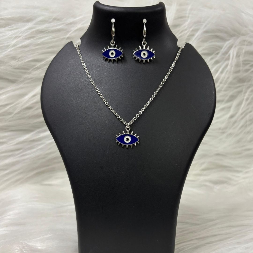 Rhodium-Plated Evil Eye Enamel Pendant Set