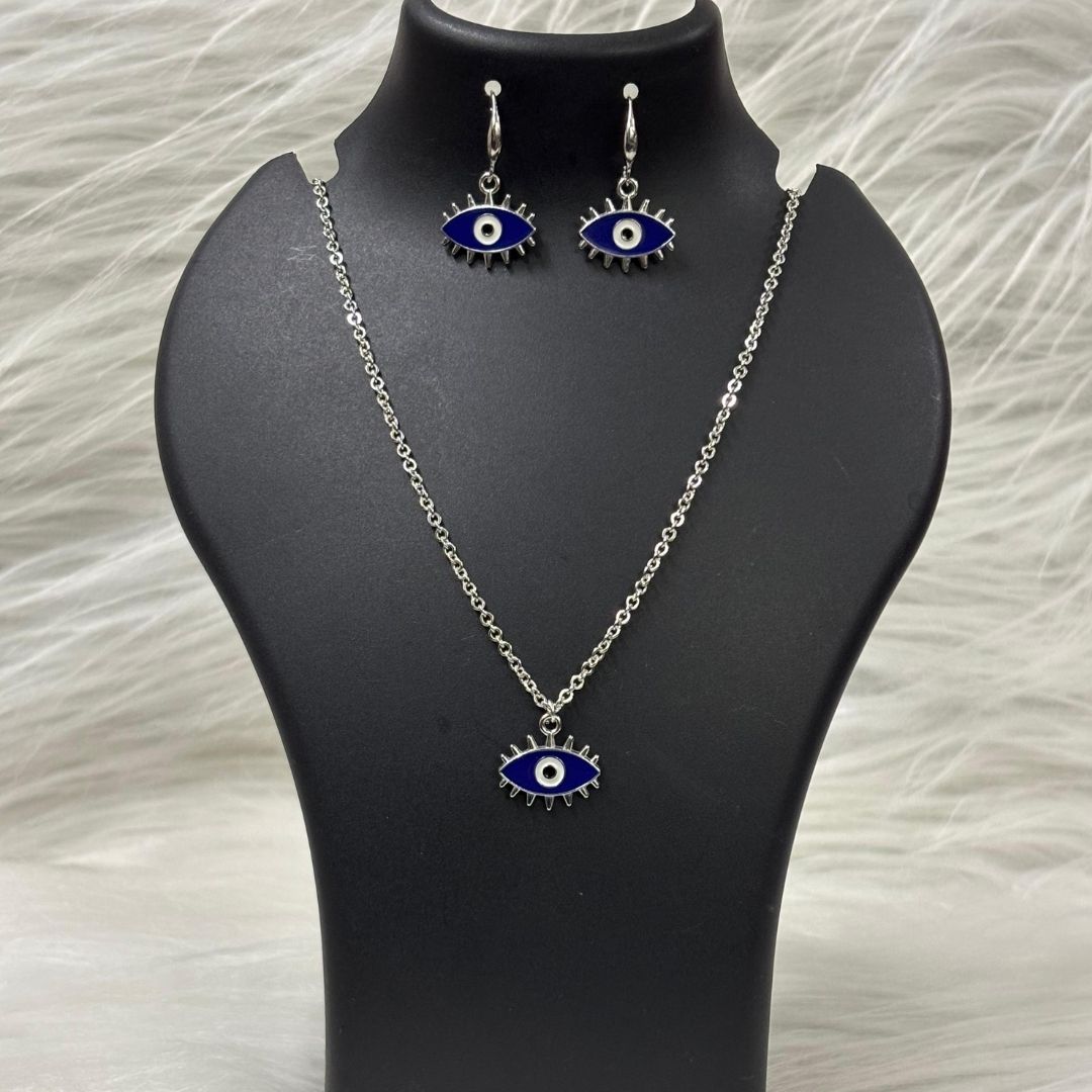 Rhodium-Plated Evil Eye Enamel Pendant Set