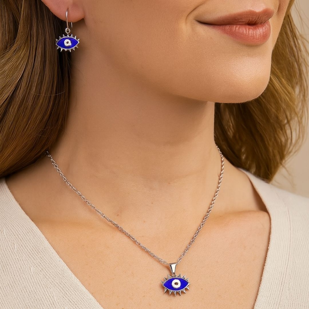 Rhodium-Plated Evil Eye Enamel Pendant Set