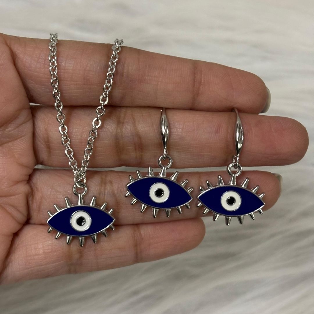 Rhodium-Plated Evil Eye Enamel Pendant Set