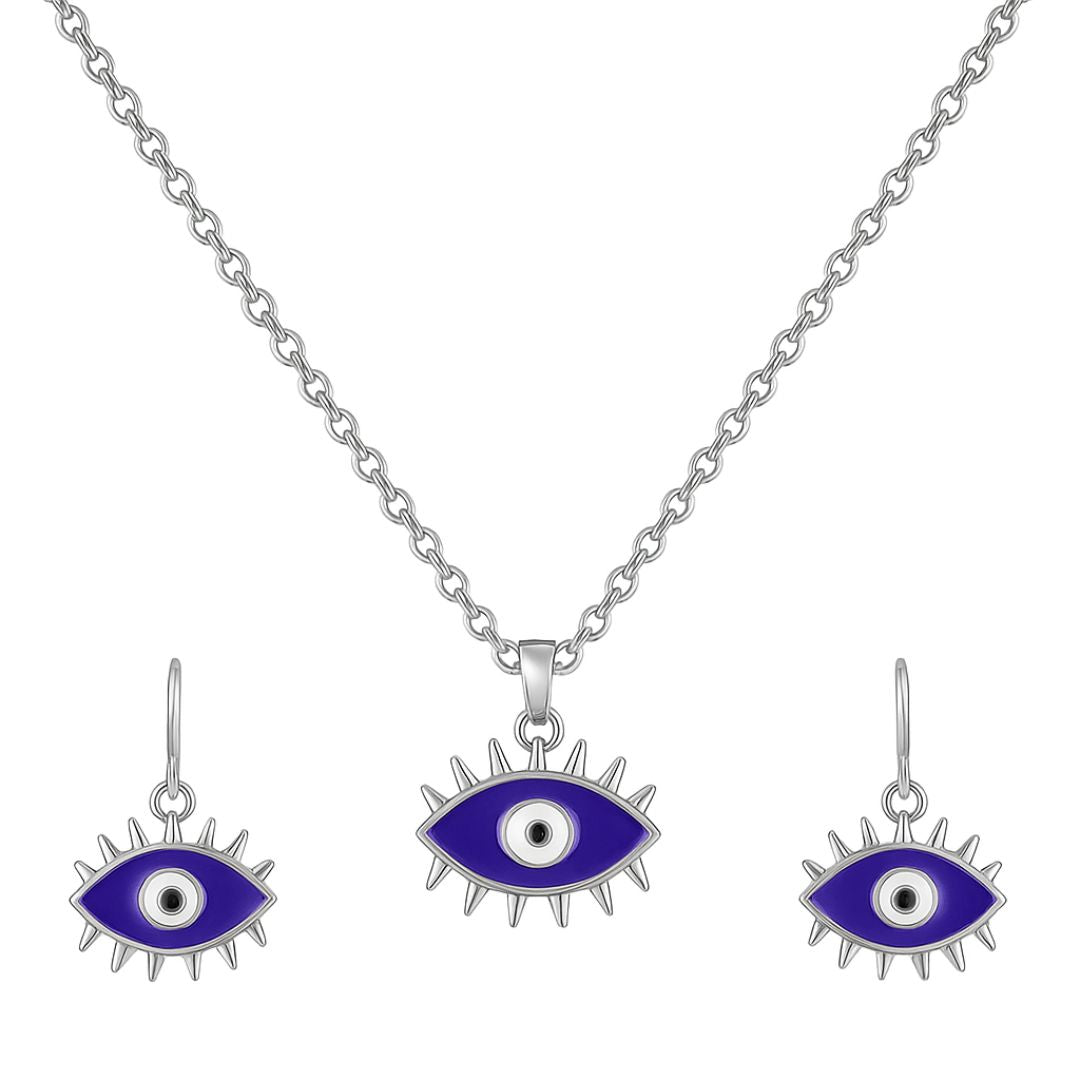 Rhodium-Plated Evil Eye Enamel Pendant Set