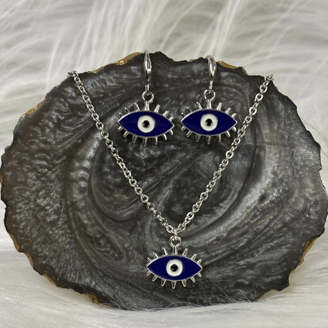 Rhodium-Plated Evil Eye Enamel Pendant Set