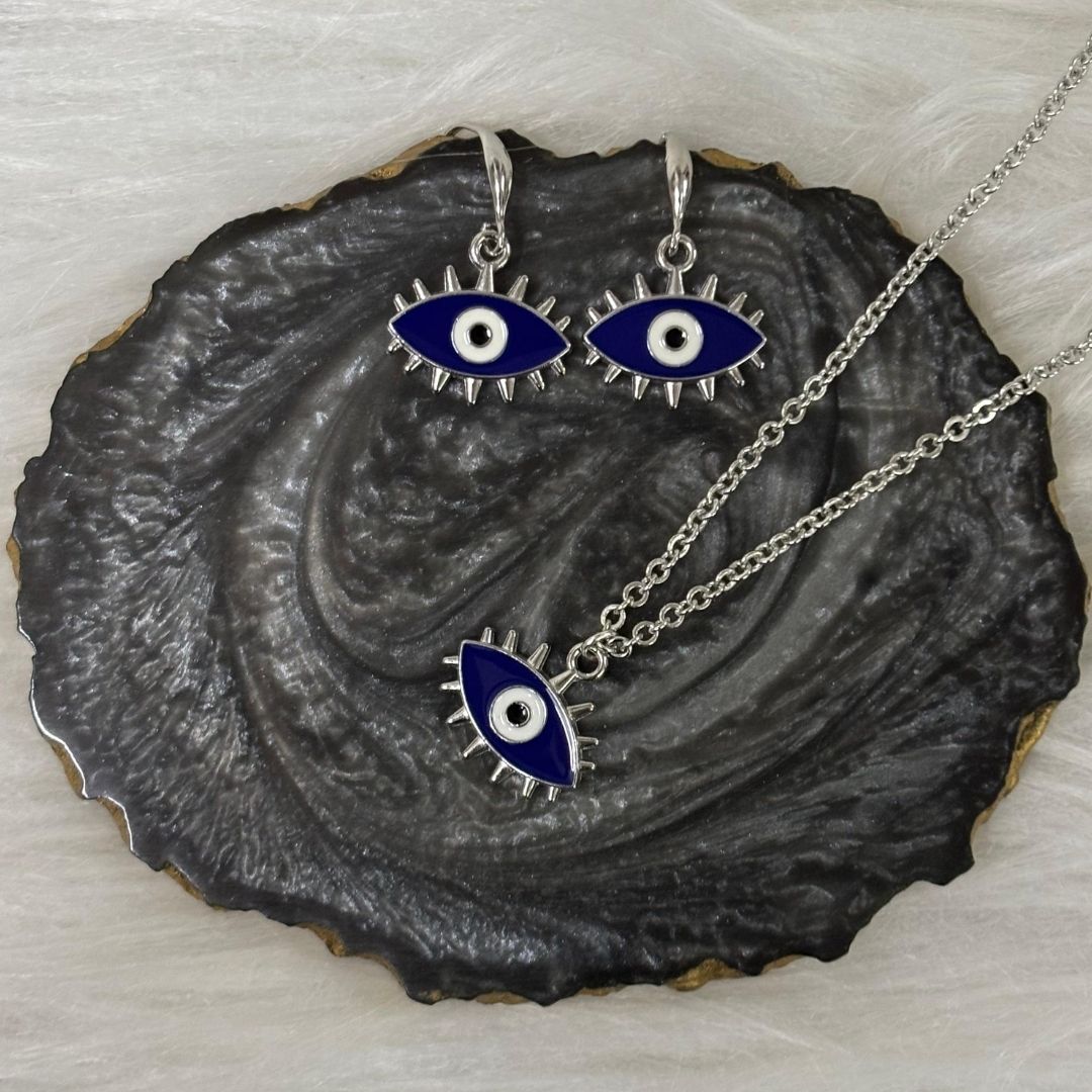 Rhodium-Plated Evil Eye Enamel Pendant Set