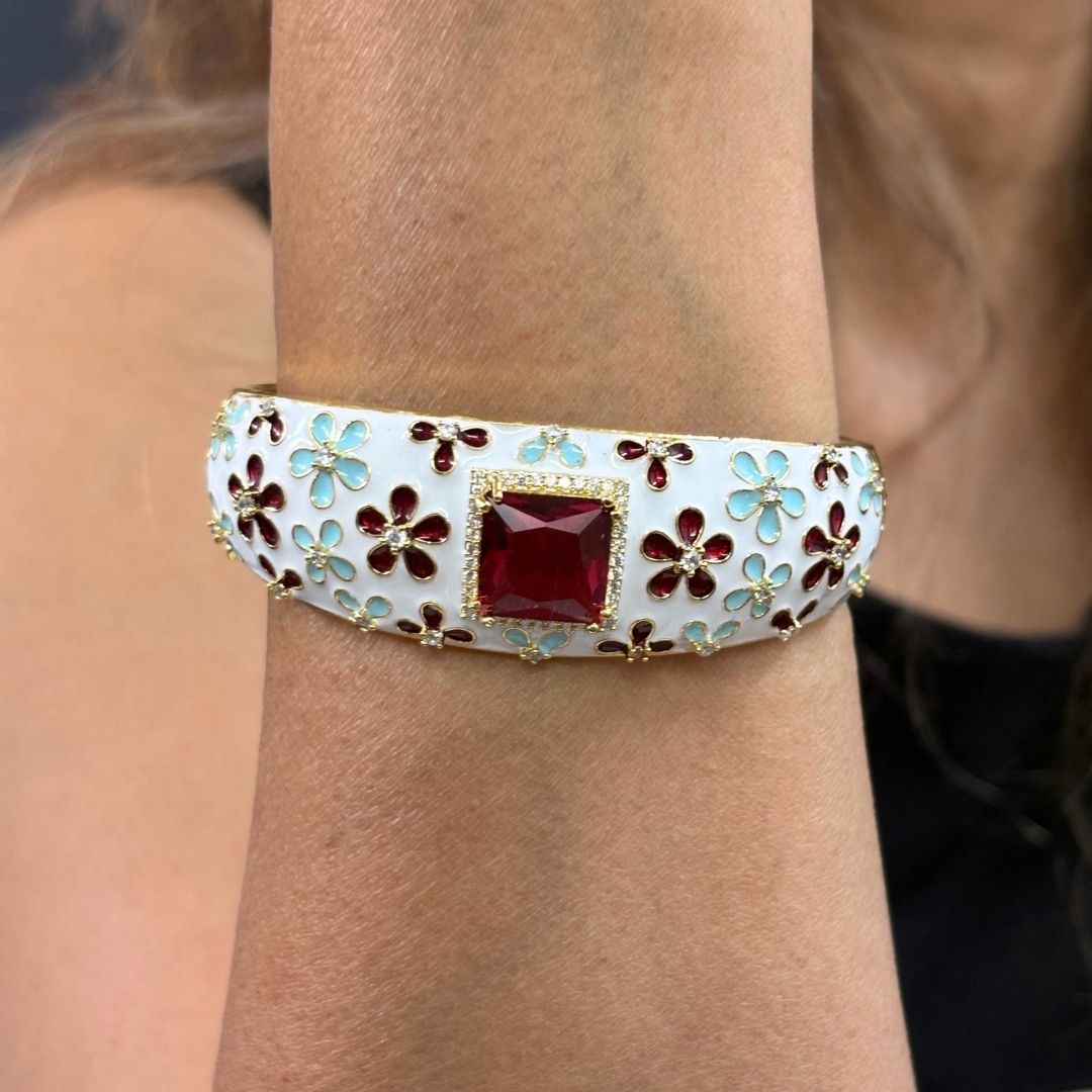 Bdiva 18k Gold Plated Cubic Zirconia Garnet Gemstone Statement Bracelet