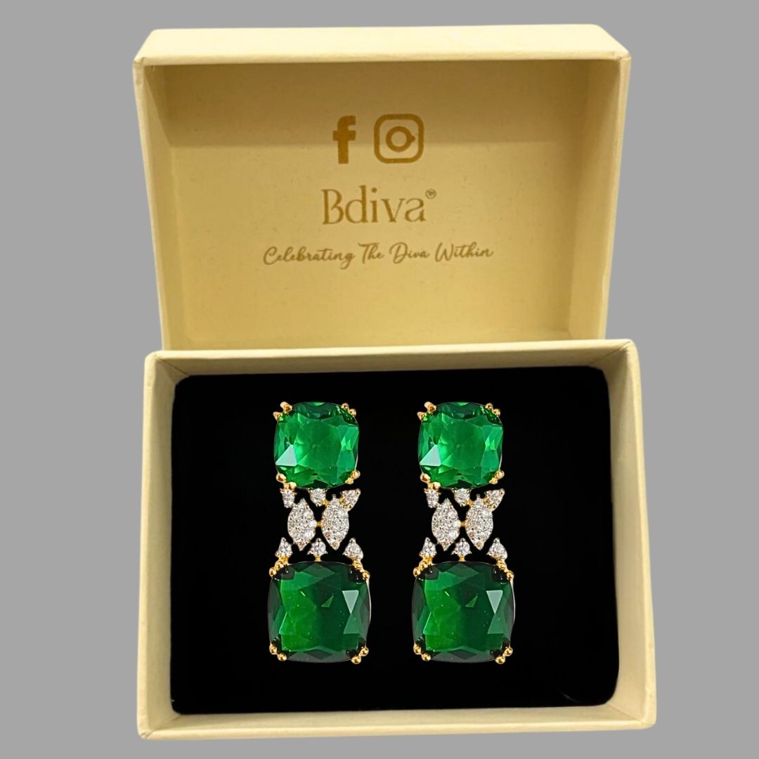 BDiva 18k Gold Plated Emerald Gemstone and Cubic Zircon Stone Sparkling Dazzling Dangle Earrings for Women