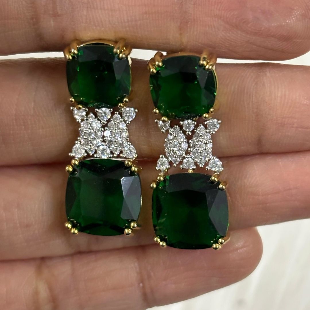 BDiva 18k Gold Plated Emerald Gemstone and Cubic Zircon Stone Sparkling Dazzling Dangle Earrings for Women