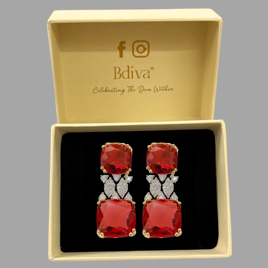 BDiva 18k Gold Plated Garnet Gemstone and Cubic Zircon Stone Sparkling Dazzling Dangle Earrings for Women
