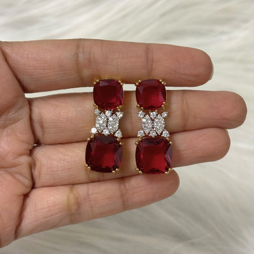 BDiva 18k Gold Plated Garnet Gemstone and Cubic Zircon Stone Sparkling Dazzling Dangle Earrings for Women
