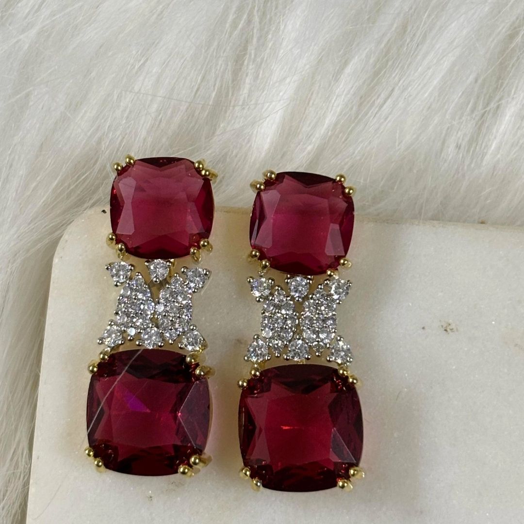 BDiva 18k Gold Plated Garnet Gemstone and Cubic Zircon Stone Sparkling Dazzling Dangle Earrings for Women