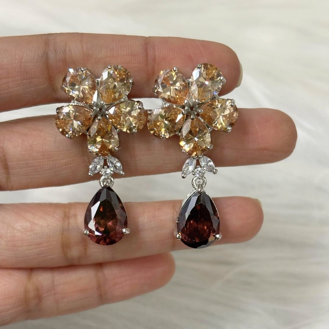 Bdiva Rhodium Plated Champagne and Garnet Gemstone Flower Design Dangle Earring