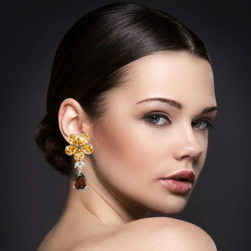 Bdiva Rhodium Plated Champagne and Garnet Gemstone Flower Design Dangle Earring