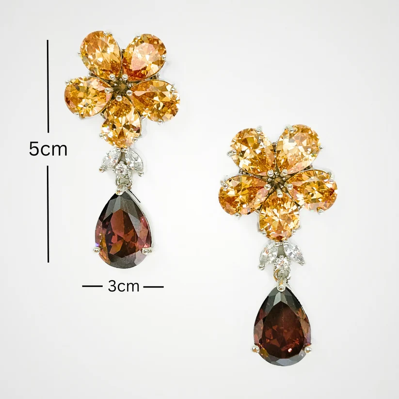 Bdiva Rhodium Plated Champagne and Garnet Gemstone Flower Design Dangle Earring