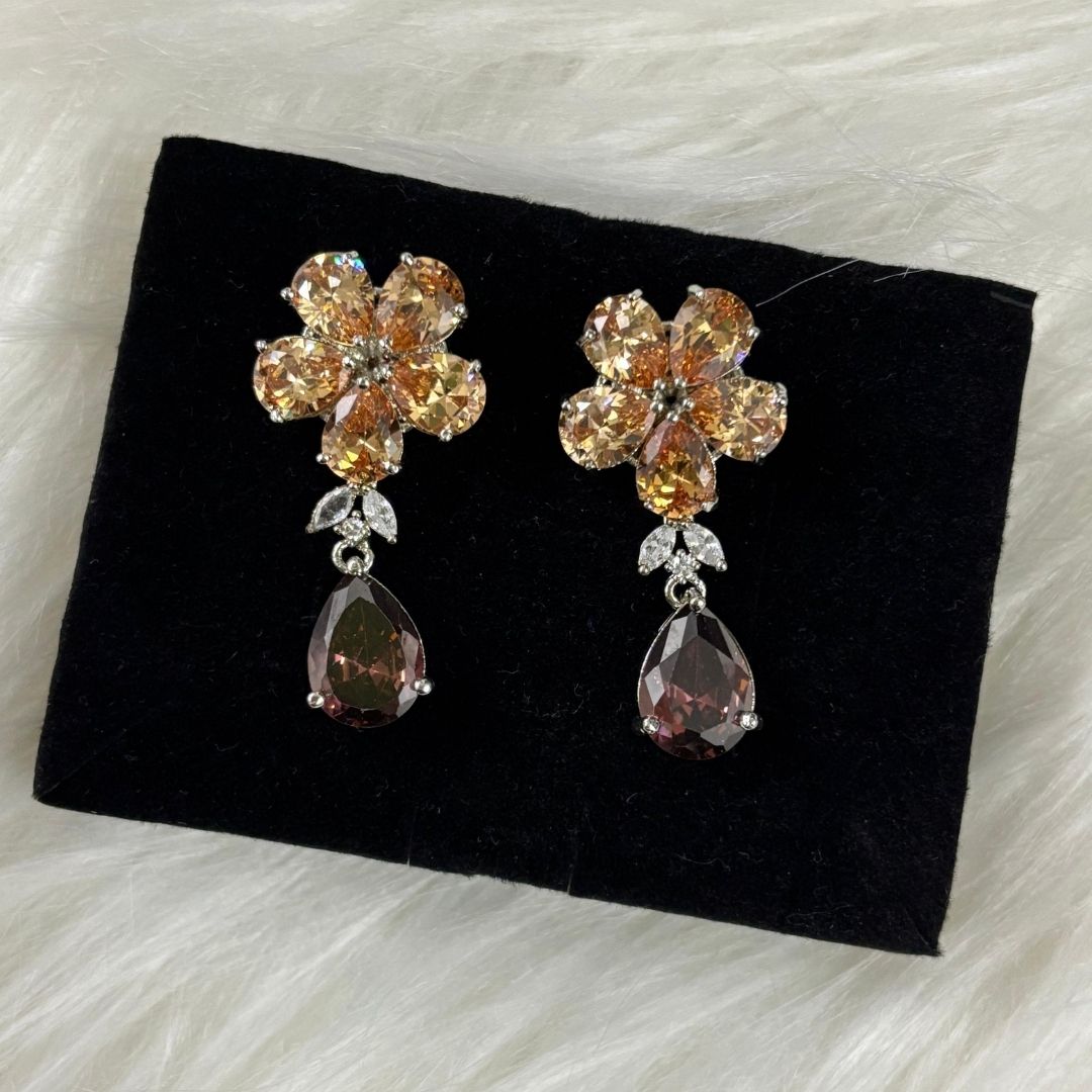 Bdiva Rhodium Plated Champagne and Garnet Gemstone Flower Design Dangle Earring