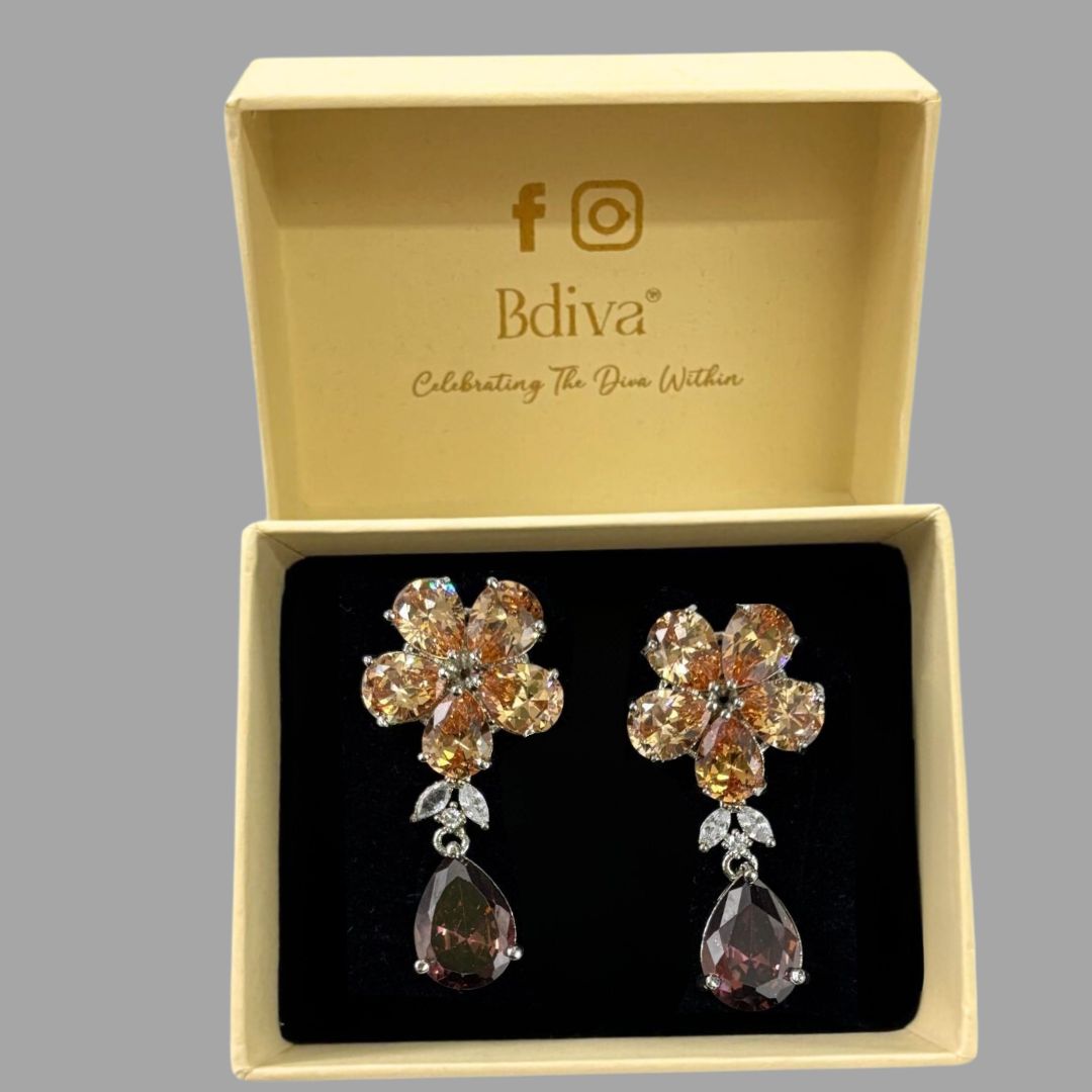 Bdiva Rhodium Plated Champagne and Garnet Gemstone Flower Design Dangle Earring