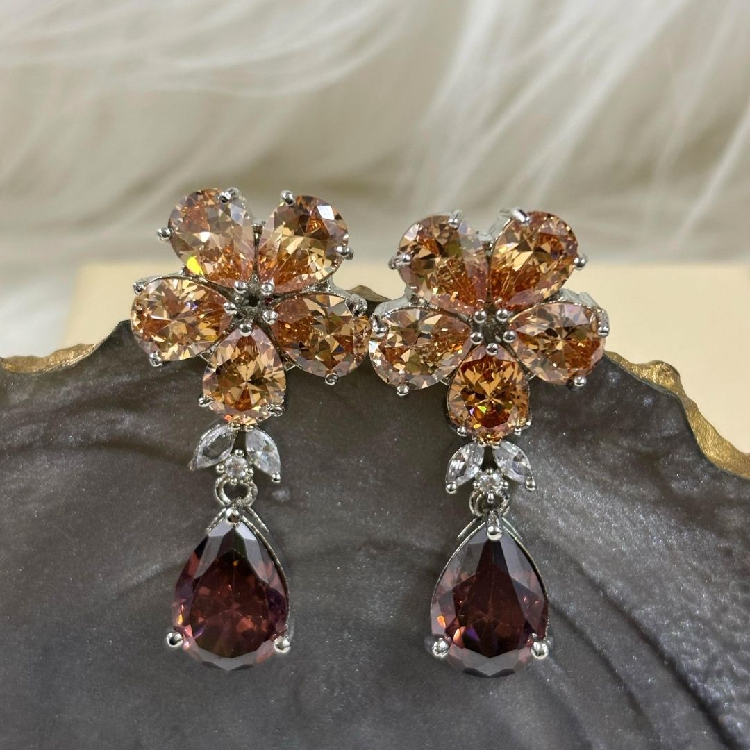 Bdiva Rhodium Plated Champagne and Garnet Gemstone Flower Design Dangle Earring