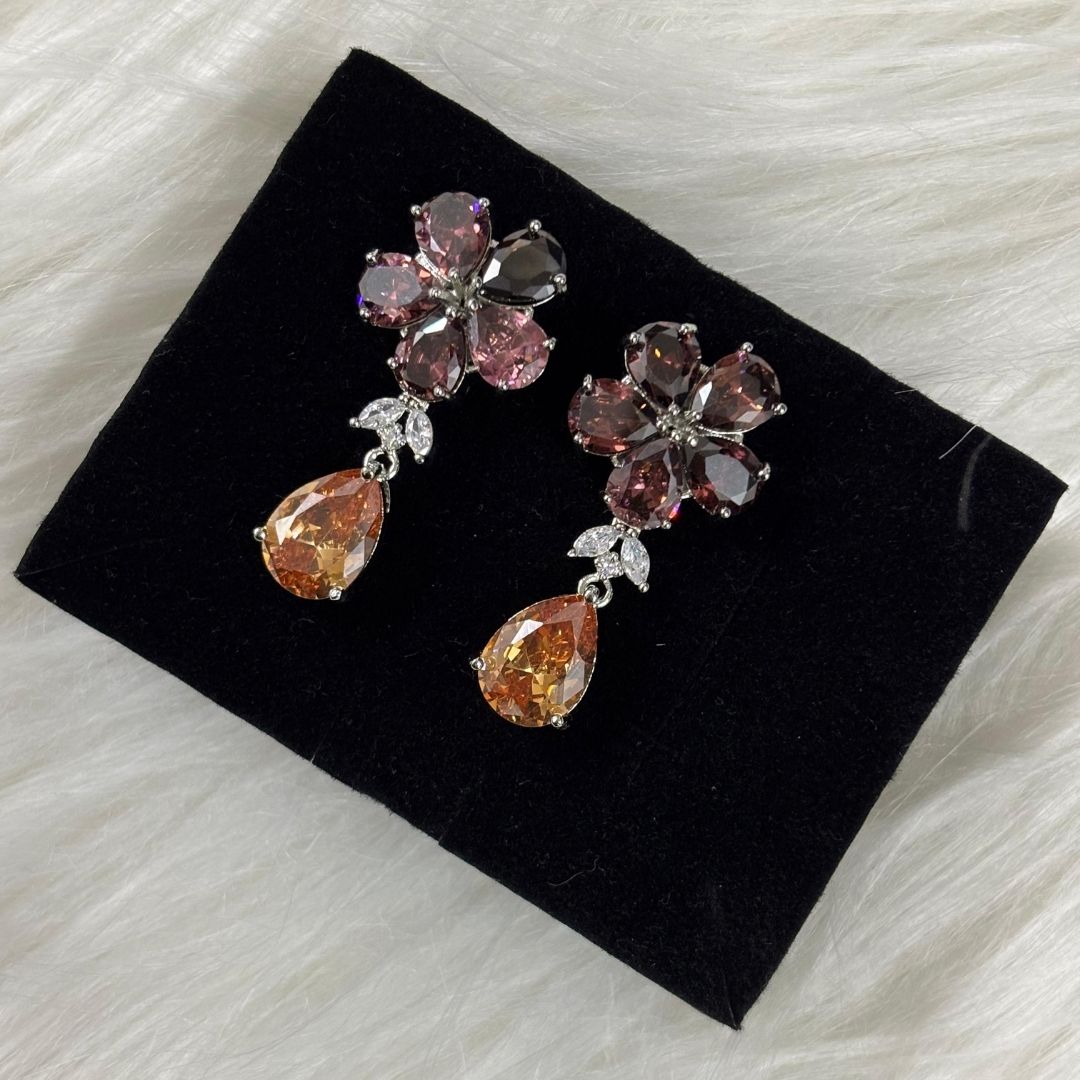 Bdiva Rhodium Plated Garnet and Champagne Gemstone Flower Design Dangle Earring