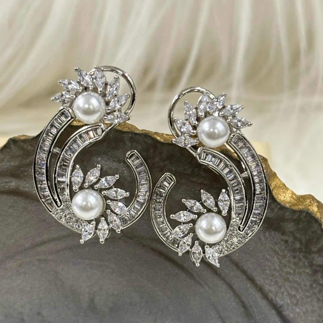 Rhodium-Plated Semi-Cultured Pearl & Zirconia Earrings
