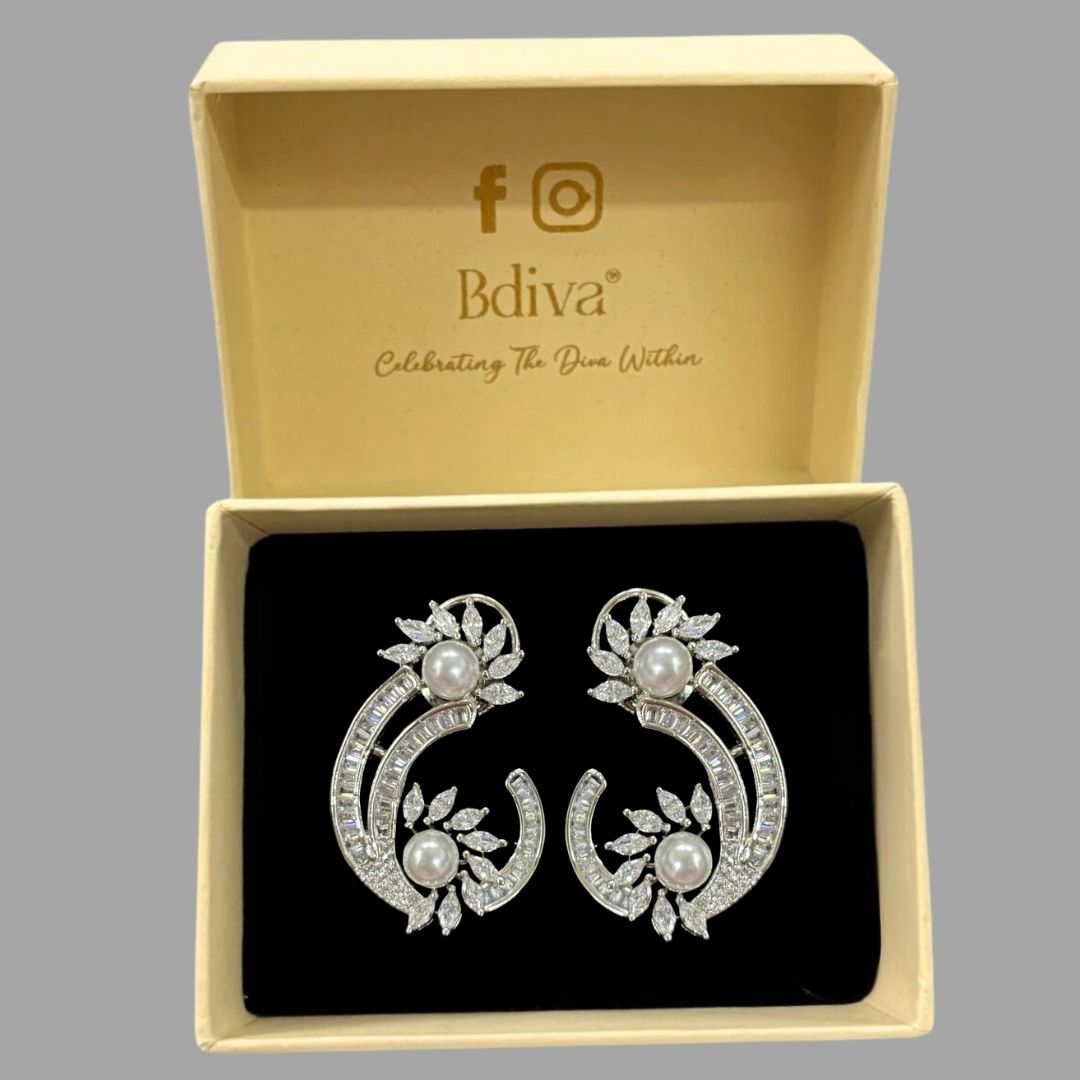 Rhodium-Plated Semi-Cultured Pearl & Zirconia Earrings