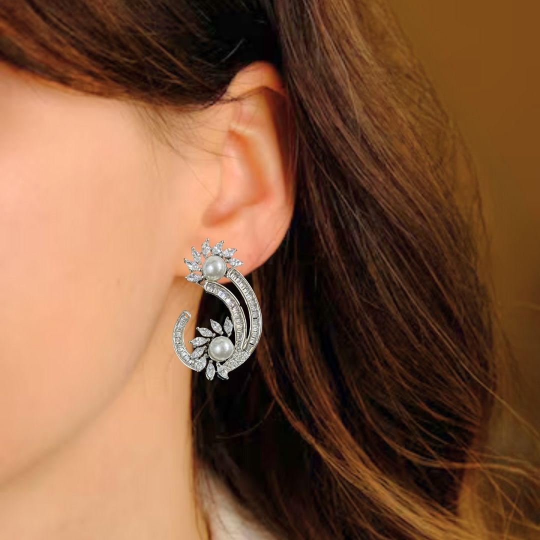 Rhodium-Plated Semi-Cultured Pearl & Zirconia Earrings