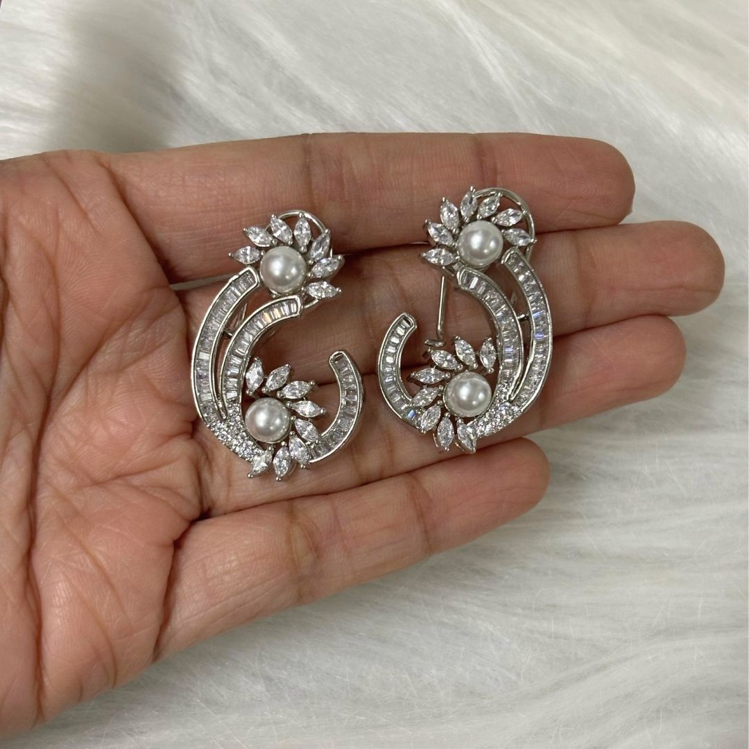 Rhodium-Plated Semi-Cultured Pearl & Zirconia Earrings