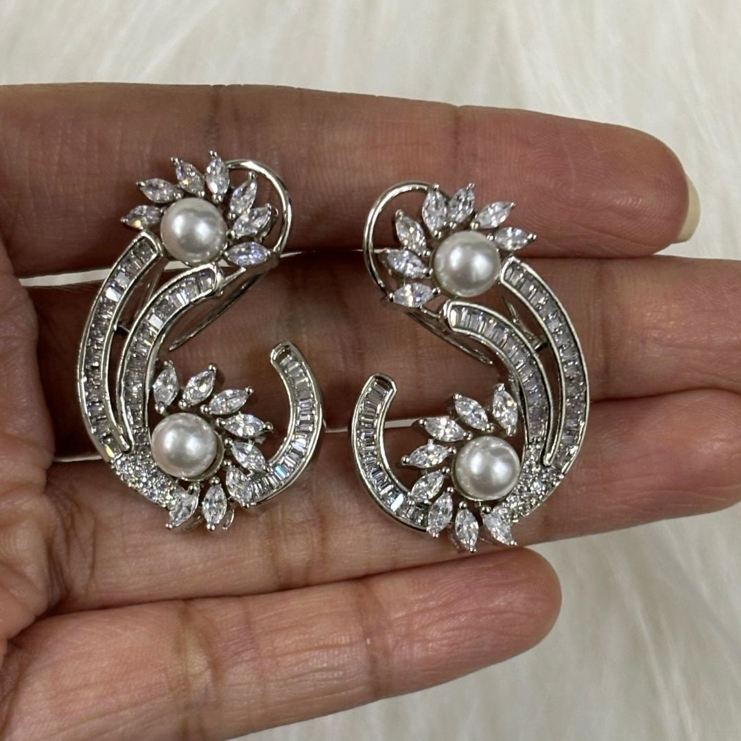 Rhodium-Plated Semi-Cultured Pearl & Zirconia Earrings