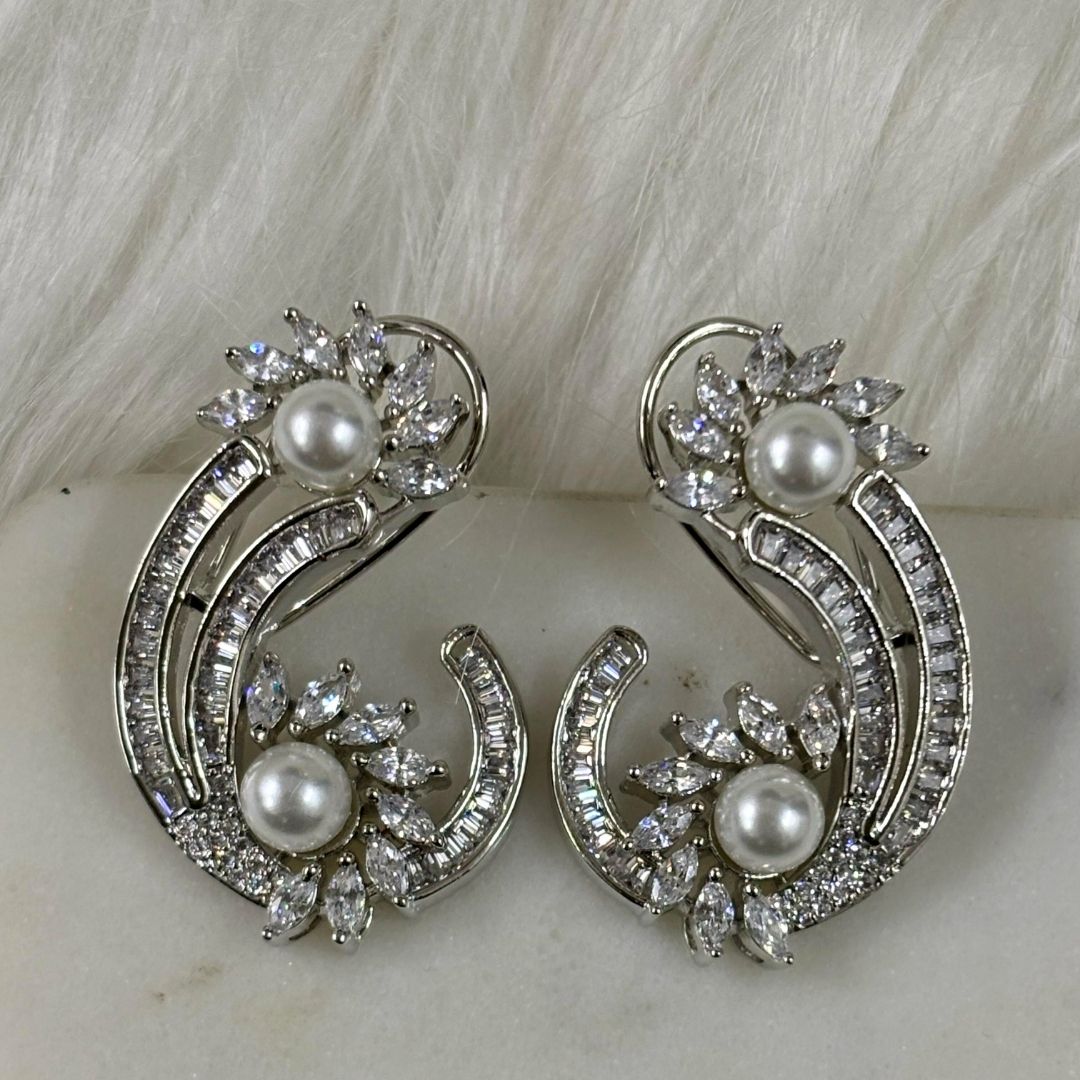 Rhodium-Plated Semi-Cultured Pearl & Zirconia Earrings