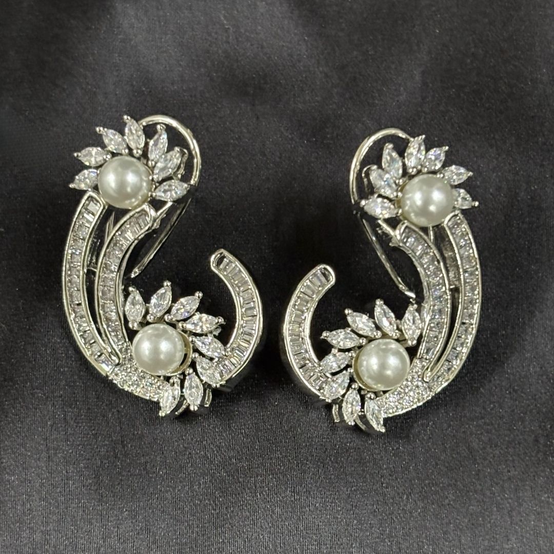 Rhodium-Plated Semi-Cultured Pearl & Zirconia Earrings