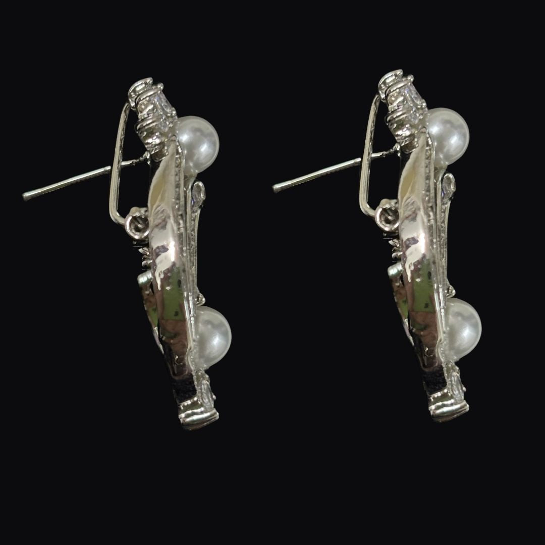 Rhodium-Plated Semi-Cultured Pearl & Zirconia Earrings